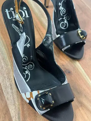 Tibi Black Print Silk Slingback Heels Sandals Shoes Size 6.5