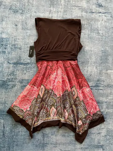 BCX Brown Pink Handkerchief Hem Sleeveless Mini Dress Size 5
