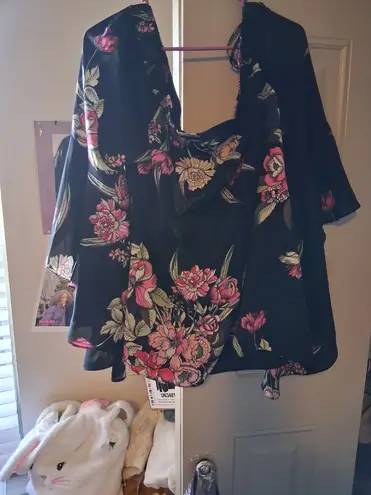 City Chic off the shoulder bell sleeve floral blouse sheer in black and multi-colored size small/16.