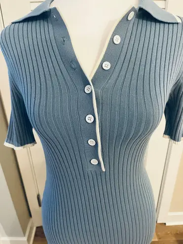 Merokeety Women's V Neck Ribbed Knit Midi Dress Short Sleeve Button Elegant Bodycon Sweater Dress