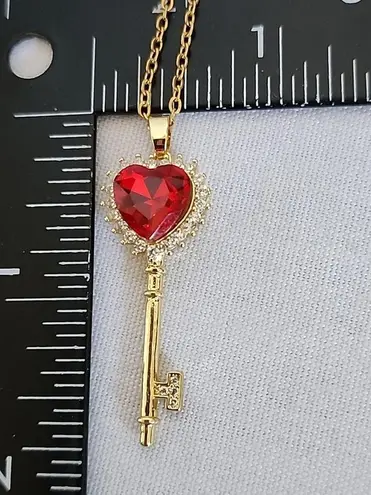 Gold Chain Necklace with Red CZ Heart Key Pendant