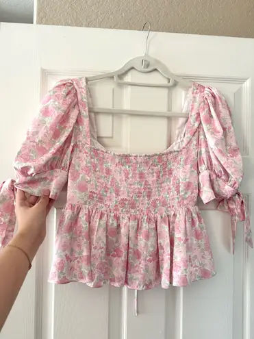 WAYF Terry Top Floral Print Puff Sleeve Peplum Top in Pink Mini Roses