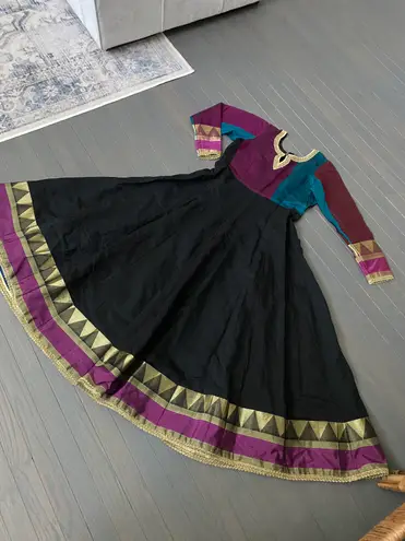 Women Long Anarkali Kurti Black And Multi Color Indian Wedding Dress S