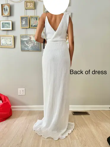 WHITE SEQUIN SLEEVELESS CHAIN CROSS WRAP V NECK DRAPE SPLIT MAXI DRESS