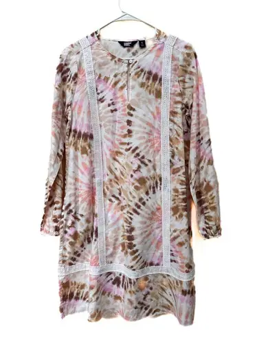 Lands' End Womens Cotton Poplin Split Neck Dress White Burst Tie Dye Sz Small Pink