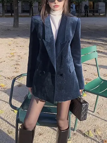 Commense navy Velvet Elegant Shift Button Blazer Small Blue