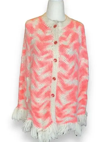 Vintage Hand Knit Chunky Knit Poncho Cape White Light Pastel Pink Zig Zag Stripe