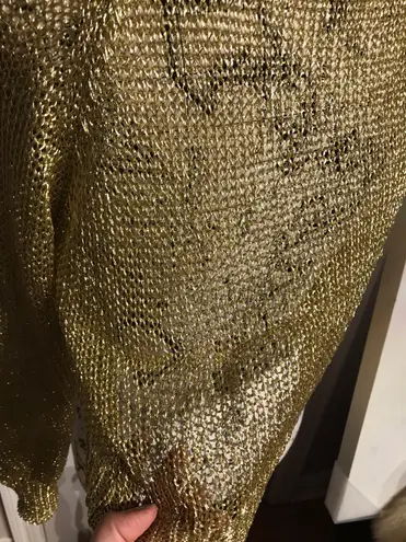 Beach Club New OHS Knit Mesh Metallic Shiny Sheer Net Crop Blouse Long Sleeve Vintage Y2k Knit Chunky Metallic Coverup  Party