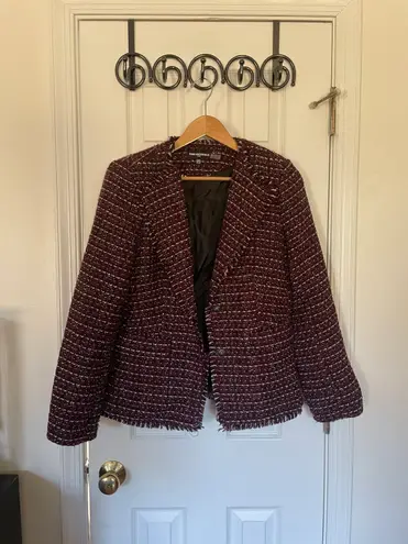 Karl Lagerfeld Wine Tweed Fray Trim Blazer
