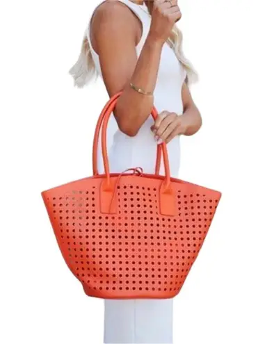 MODA LUXE Orange Vegan Leather Tote Bag Canvas Pouch Resort Boho Preppy Cottage Orange