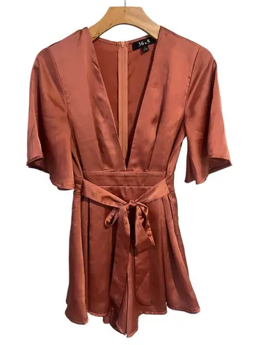 36.5 36 Point 5 Romper Womens S Pink Brown Short Bell Sleeve Tie Waist Zip Satin
