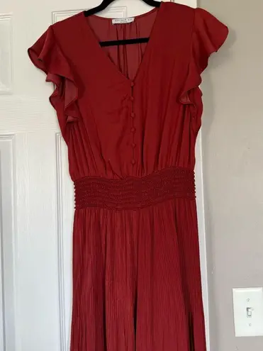 Current Air Smocked Pleated Jumpsuit Satin Women V-Neck Orange Rust Cap Sleeve