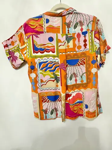 Maeve Anthropologie bon voyage loose maximalist short sleeve button down