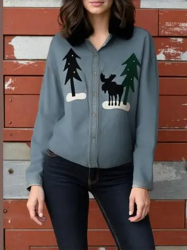 Vintage Denim Shirt with Moose and Tree Design Anne Josephine Dallas shacket Blue Size XL