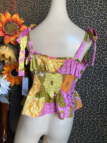 Unique Vintage NTAGE Pink & Yellow Floral Breezy Babe Crop Top MEDIUM 