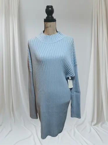 BP NWT . Mock Neck Long Sleeve Cotton Blend Rib Sweater Dress In Blue Cashmere L