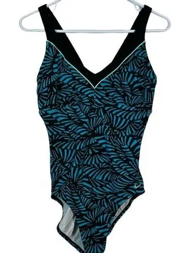 Nike Women's  Black Teal V-Neck Training Athletic Swimsuit Size Large EUC #6206