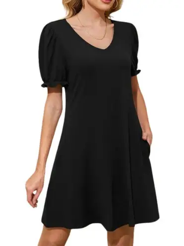 NIVYEE Black Puff Short Sleeve Vneck Mini Midi Dress with Pockets Occasion XL