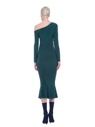 Norma Kamali green long sleeve drop shoulder fishtail hem midi dress size XS