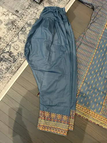 Pakistani/Indian 3pc Blue & Multi Color Embroidery Printed Shalwar Kameez Size M