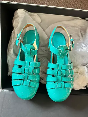 Loewe NWOT Authentic Turquoise calf-skin wedge women shoes/size6