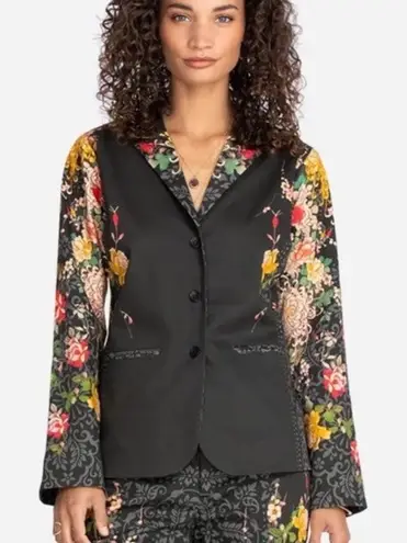 Johnny Was Pete & Greta Mono Blazer Jacket Floral Print Black L NWT Cotton Silk