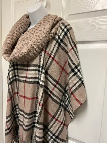 V. Fraas  Plaid Poncho With Cowl Knit Collar