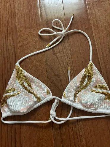 Victoria's Secret Y2k Victoria’s secret sequined white and gold triangle tie bikini top and bottom 