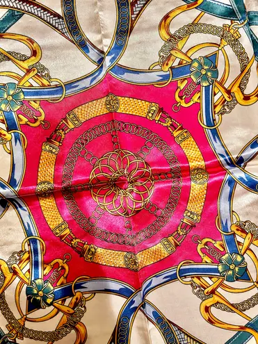 Vintage Equestrian Fuchsia Pink Royal Crown print oversized silky Scarf 35/35