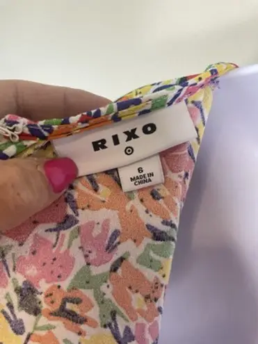 Rixo Floral Multi Color Bias Cut Midi V Neck Zipper Dress Size 6 Puff Sleeves Yellow