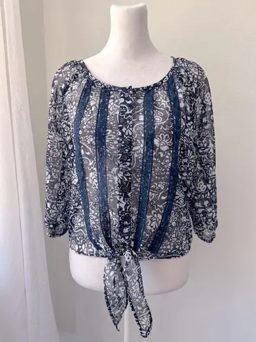 Full Tilt  Navy Blue & White Sheer Floral Print Tie-Front Blouse