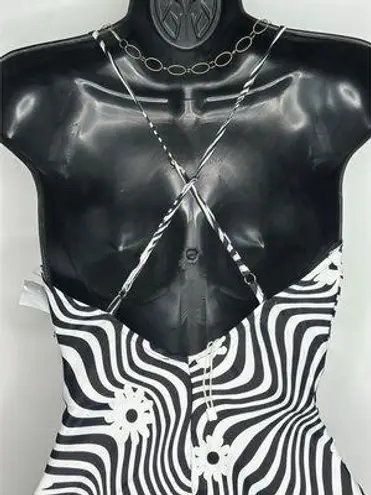 Bershka cross back floral satin slip dress in black white size XS NWT