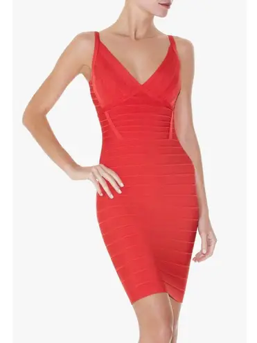 Herve Leger Scarlett Signature V-neck bandage dress in coral poppy size XS