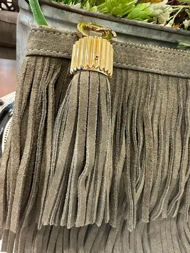 India Hicks Fringed Purse Army Green Suede Clutch w/Tassel London Harbour Island