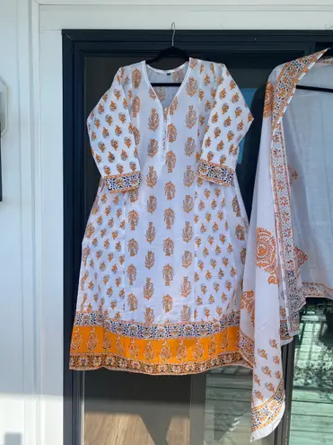 Indian Designer Kurta Palazzo Dupatta Set Women Salwar Kameez Ready To Wear Suit Gold Size XL