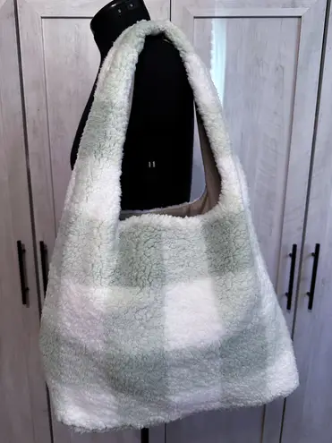 Handmade White Light Green Plaid Sherpa Tote Bag