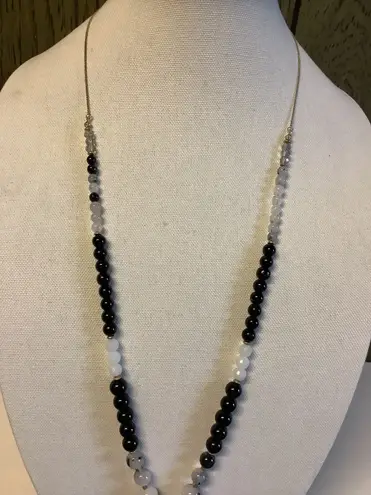 INC Black White Beaded Necklace Opera 33” Adjustable Gold Tone