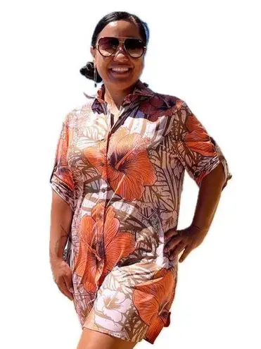 NIP New Born Hawaii Orange Vintage Hibiscus Flowers Button Down Shirt Dress L Size L