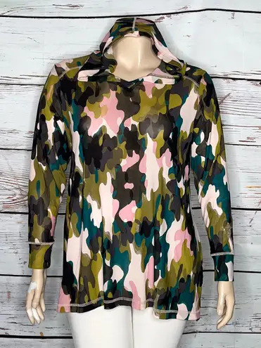 LOGO By Lori Goldstein LOGO Lounge by Lori Goldstein 1X Camo Print Long Sleeve Sheer Mesh Top w/ Hood