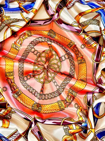 Vintage Equestrian PINK PEACH Royal Crown print oversized silky Scarf 35/35