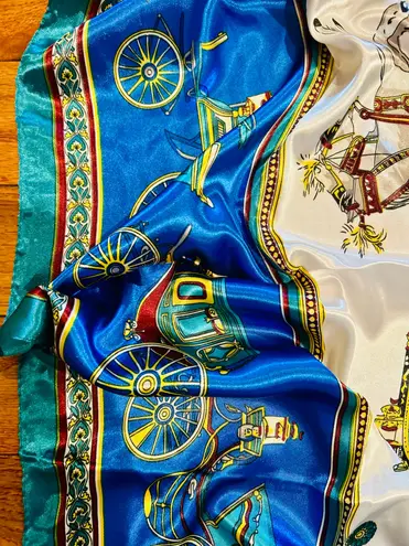VINTAGE EQUESTRIAN horse&carriage ROYAL BLUE silky SCARF 35’/35’ inches