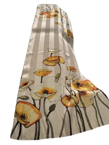 100% Silk Long Scarf cream with big yellow/mustard color flowers 23.5 x 65.5 in. Yellow