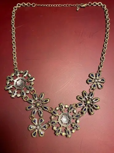 Bib Blue Floral Flowers Statement Necklace Art Deco Design Lobster Adjustable