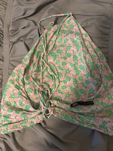 ZARA  pink and green floral halter top