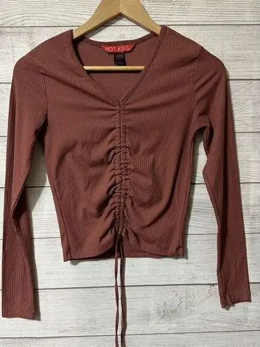 Hot Kiss Womens Ribbed Long Sleeve Size Small Tie V Neck Top Pullover
