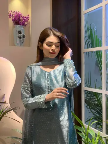 Bollywood Design silk 3pc kamiz suit Indian Pakistani New Blue Size M