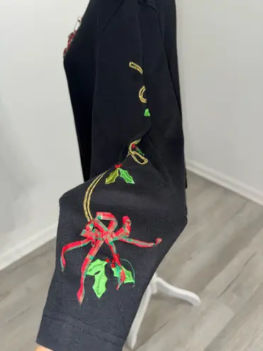 Studio Joy Black Holiday Top 2X Embroidered Horn Holly Bows Christmas Plus