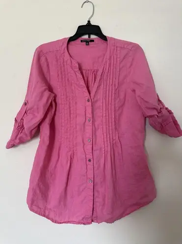 Chaus Sport Top Linen women’s S Pink Roll Tab Sleeves Button up Pin Tuck Blouse
