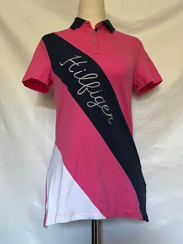 Tommy Hilfiger  Colorblock Womens Polo Top Size XS Spellout Short Sleeve Bias