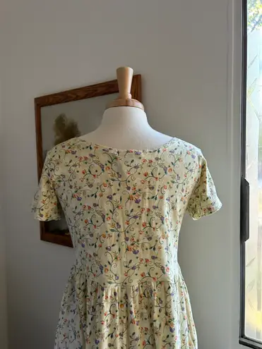 Vintage Yellow Floral Midi Dress Size M